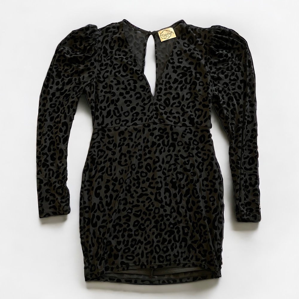 Deja Vu Black Velvet Burnout Overlay Mini Dress long sleeve evening Large EUC - Picture 11 of 16